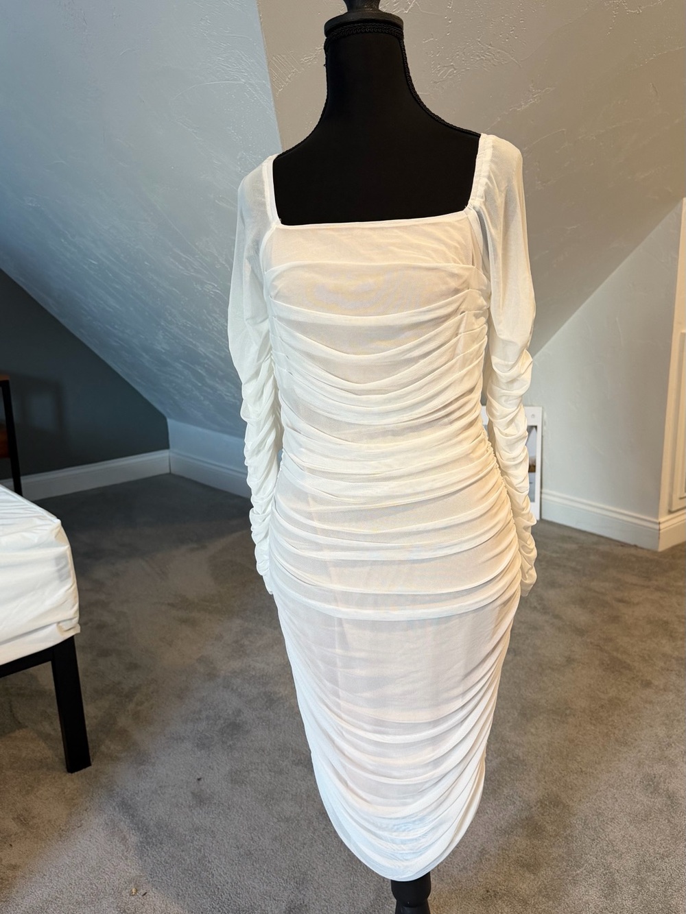 White Ruched Long Sleeve Square Neck Dress